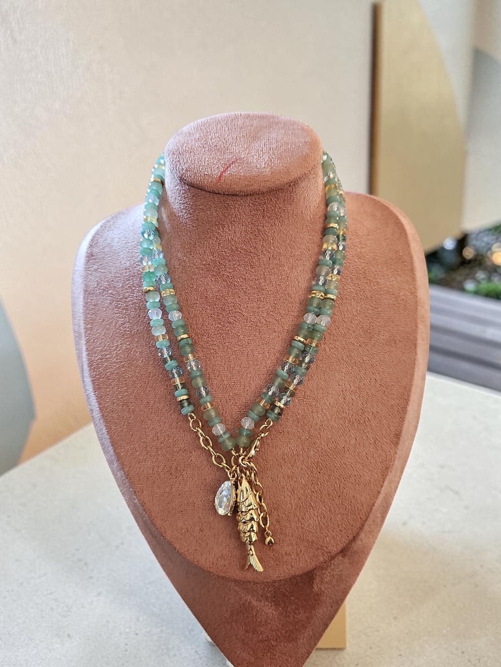 Nwt Sassified Boutique Gold Charm Double-Strand Green Beaded Necklace